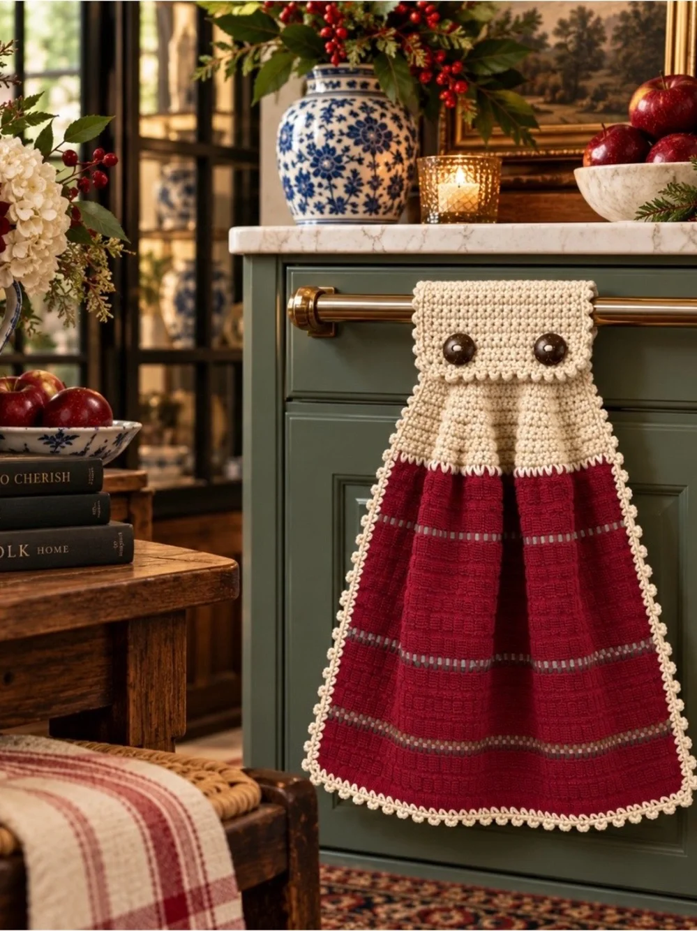 Mainstays Cranberry Crochet Hanging Kitchen Towel Handmade